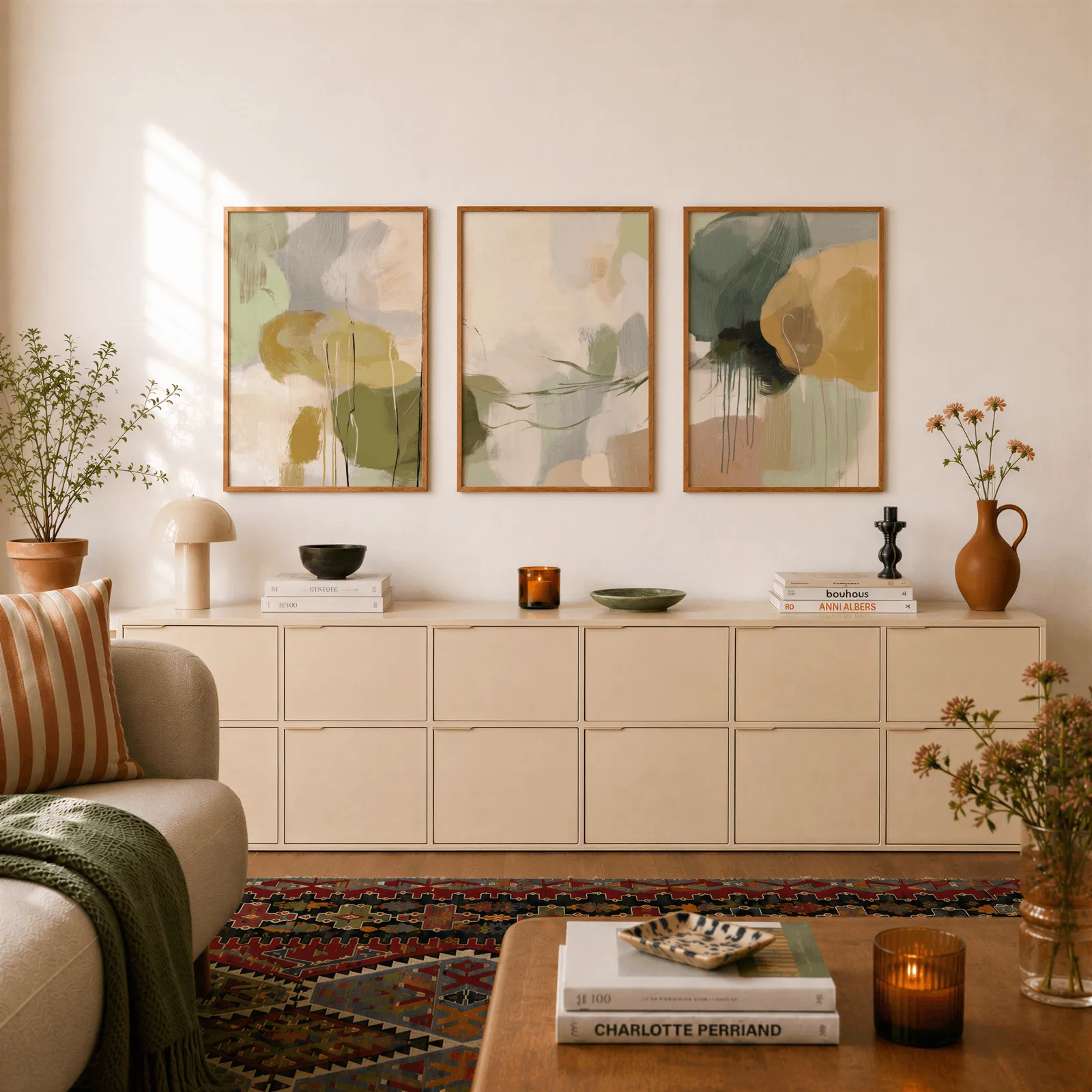 Green and gold abstract floral triptych wall art, above a long cream sideboard topped with books and a terracotta jug