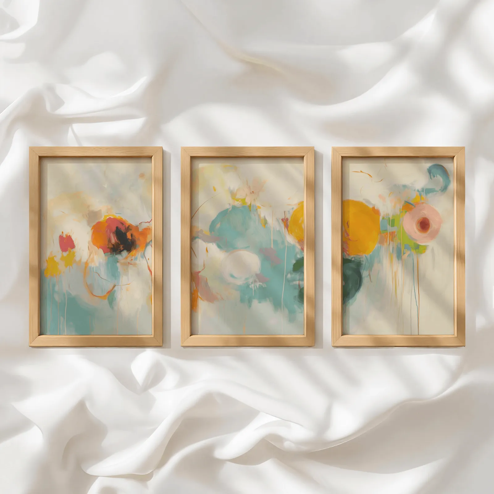 colorful abstract triptych wall art, in a row atop rumpled white silky fabric