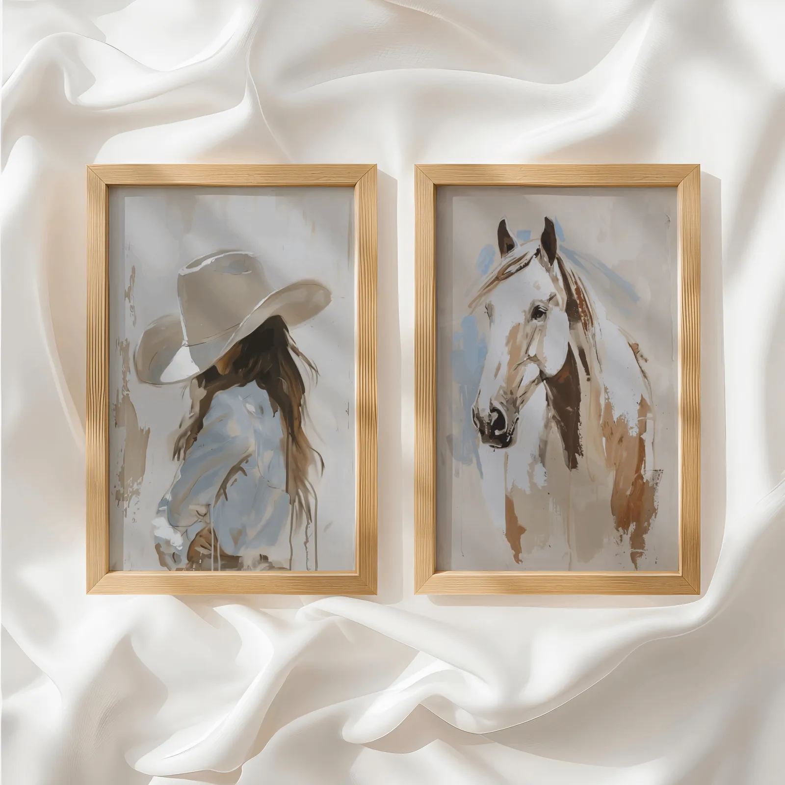 cowgirl and horse western wall art set of 2, side by side atop rumpled white silky fabric