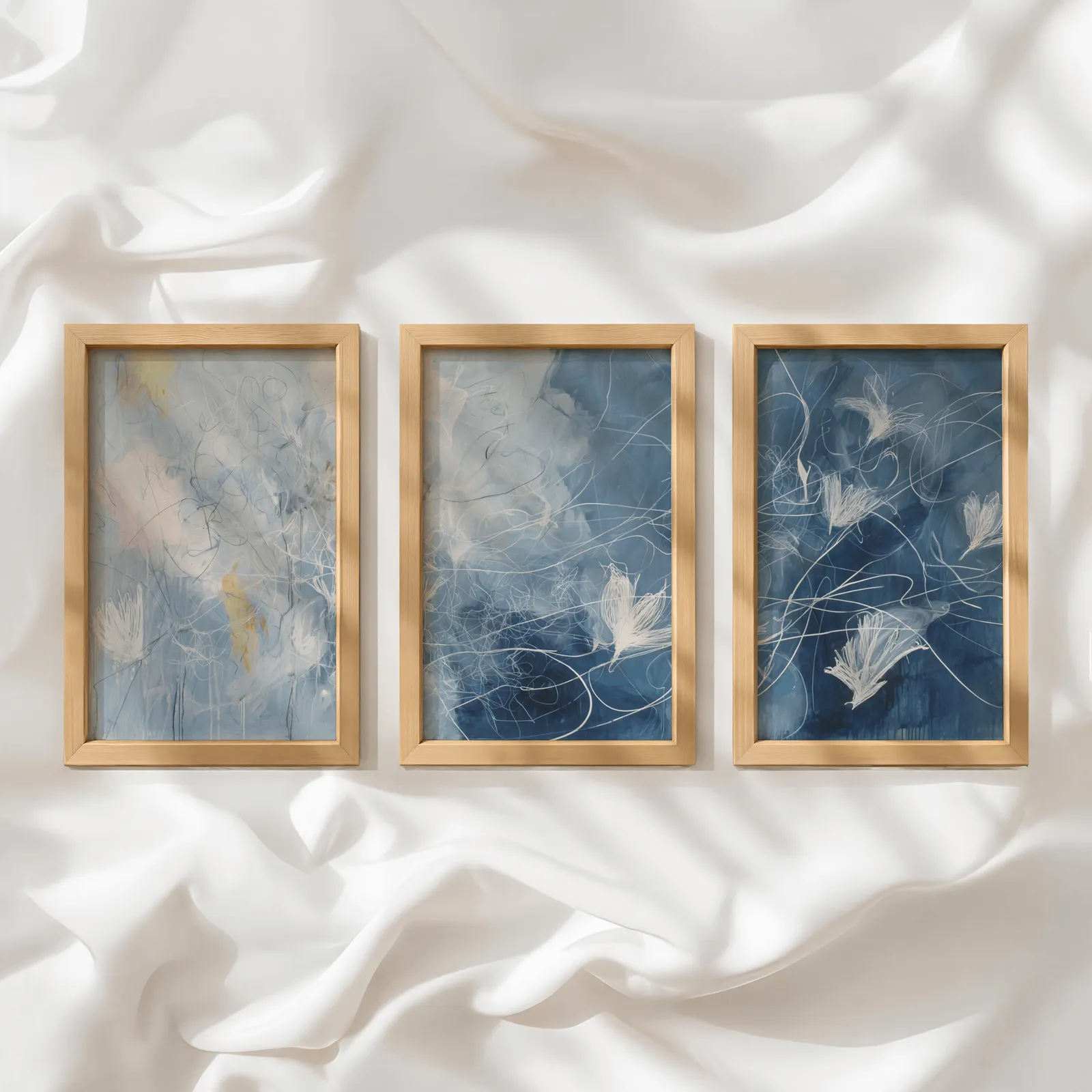 blue abstract floral triptych wall art, in a row atop rumpled white silky fabric