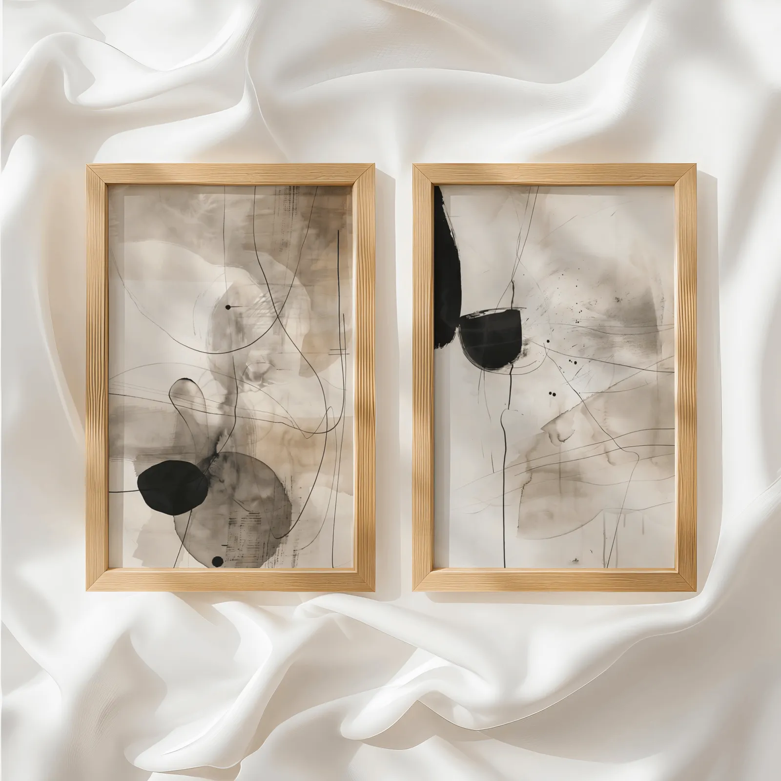 black and beige abstract ink wall art set of 2, side by side atop rumpled white silky fabric