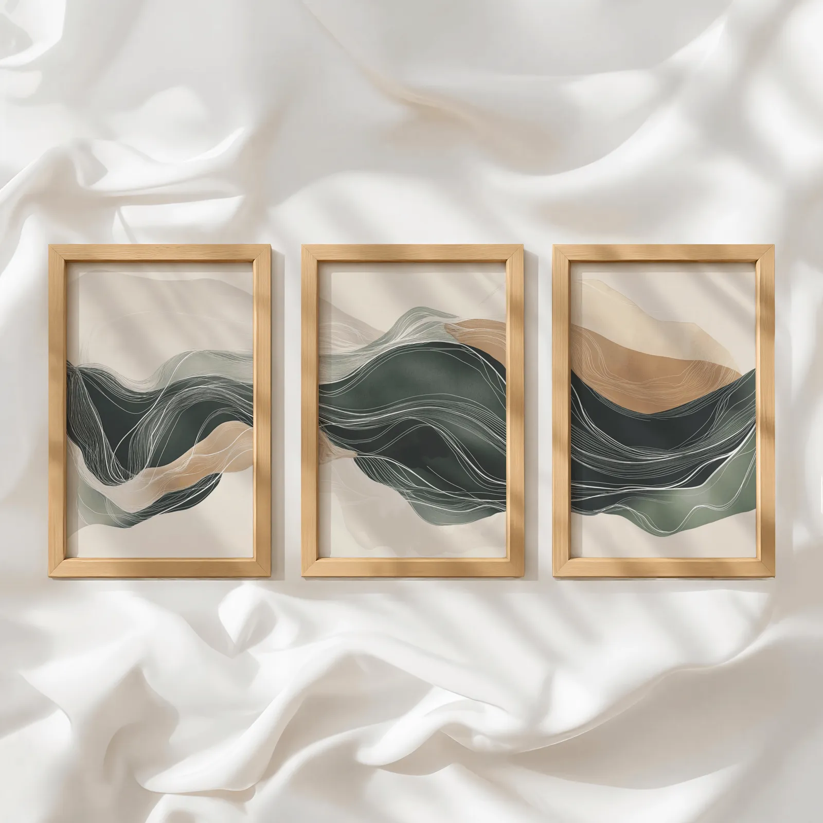 green and beige abstract landscape triptych wall art, in a row atop rumpled white silky fabric
