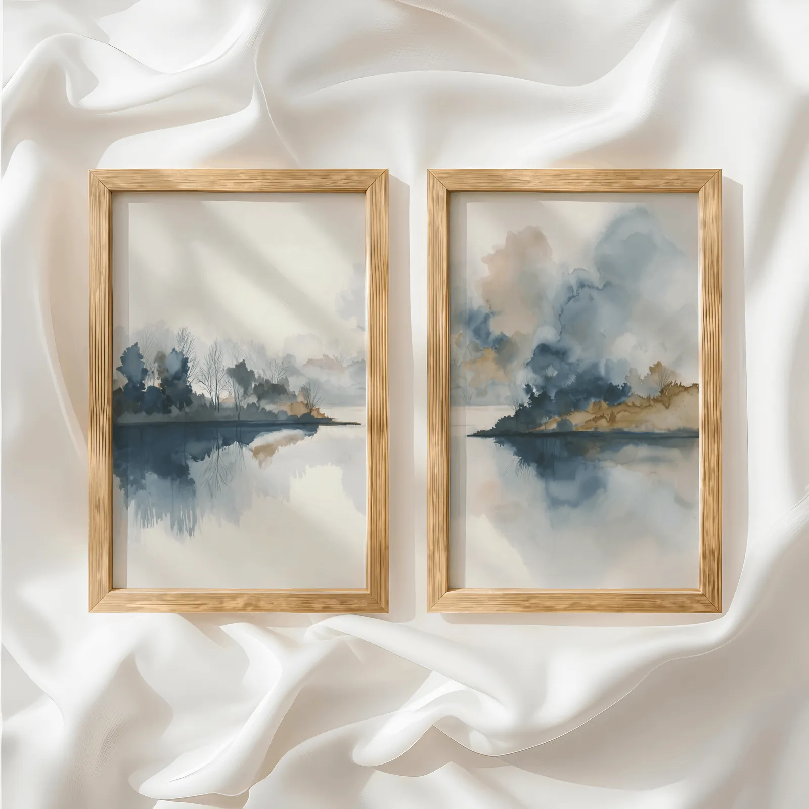 blue and gold misty lake landscape wall art set of two, side by side atop rumpled white silky fabric