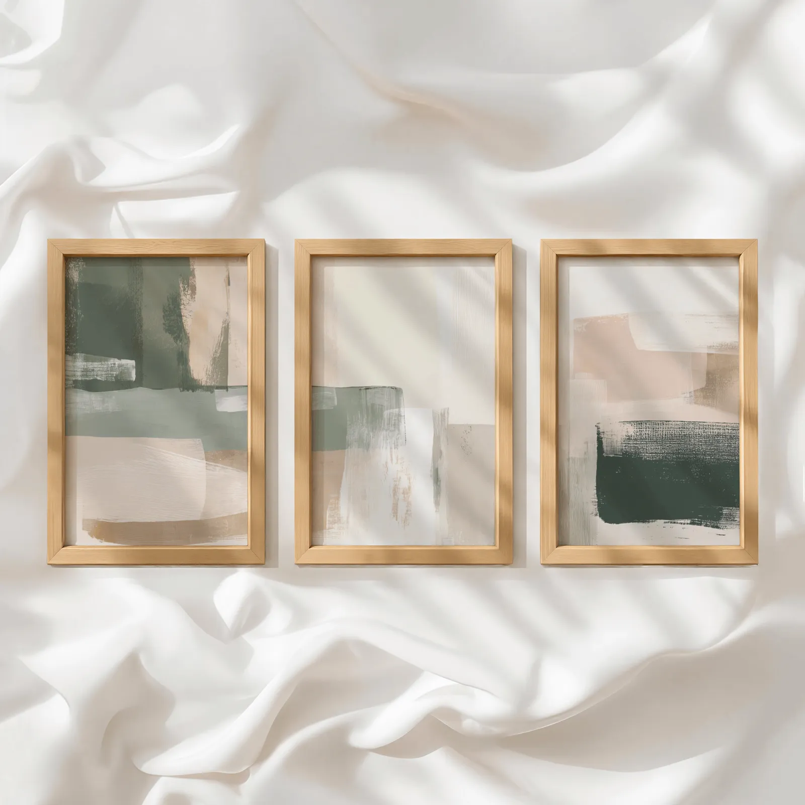 neutral abstract triptych wall art in green and terracotta, in a row atop rumpled white silky fabric