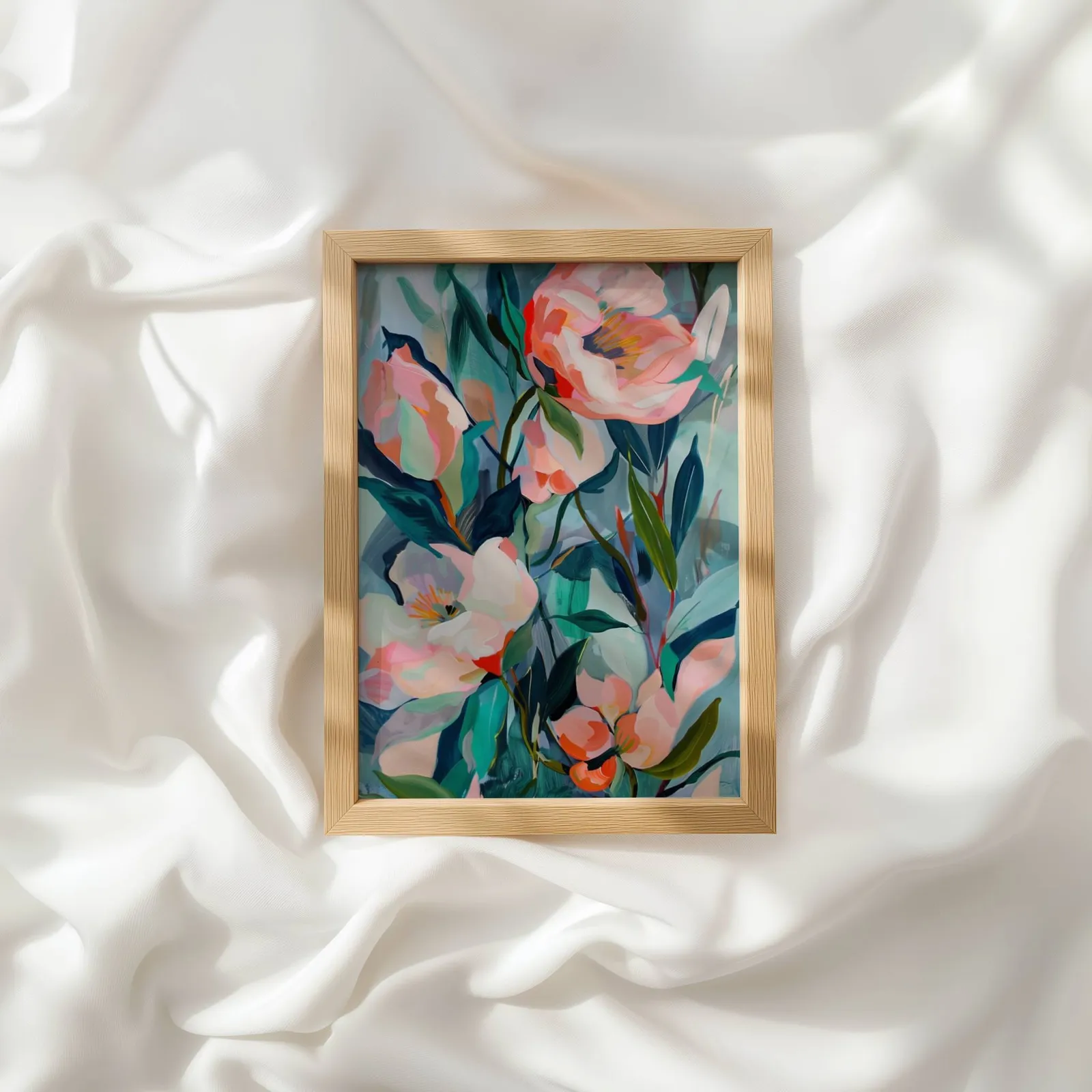 pink floral botanical wall art, resting atop rumpled white silky fabric