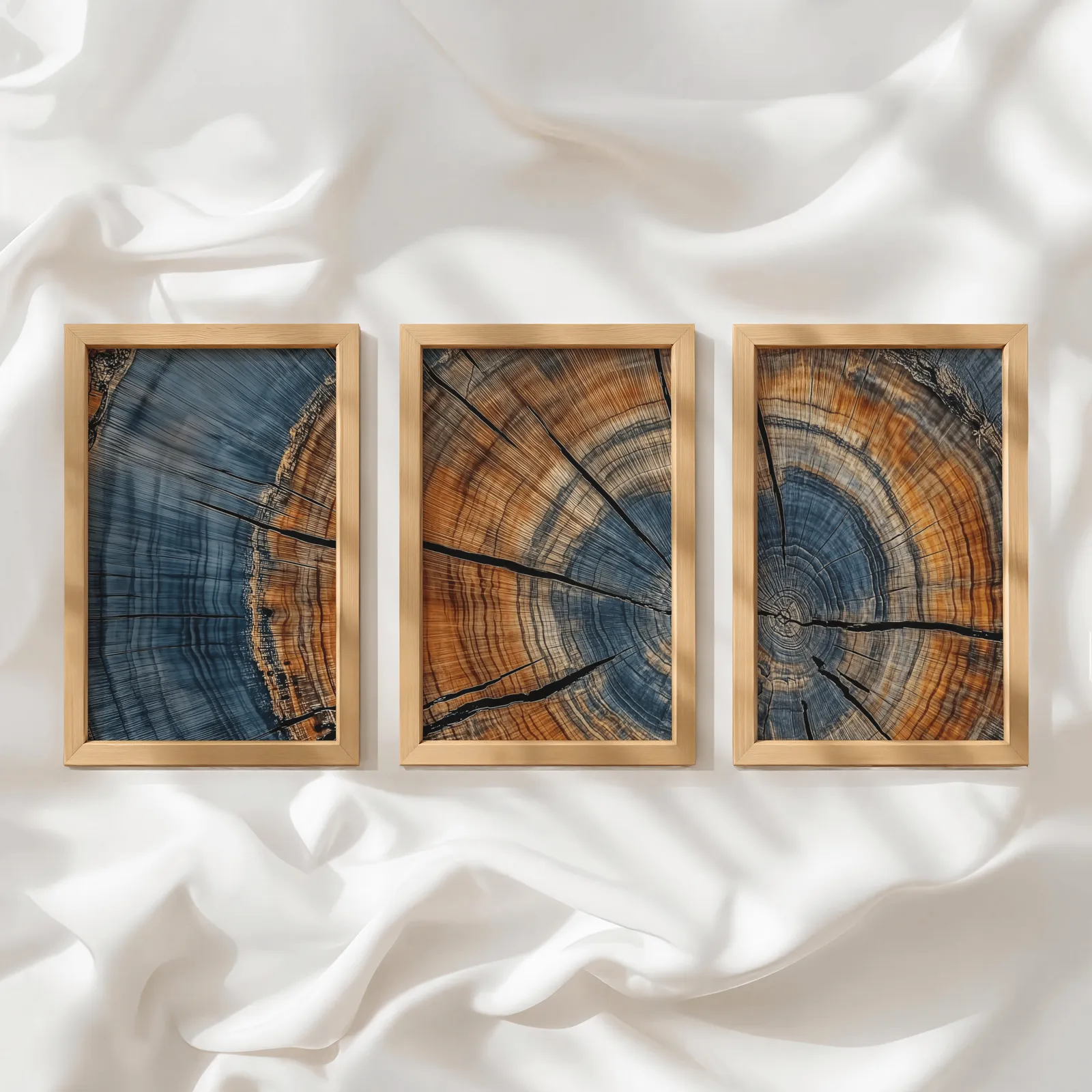 blue and orange tree rings triptych wall art, in a row atop rumpled white silky fabric